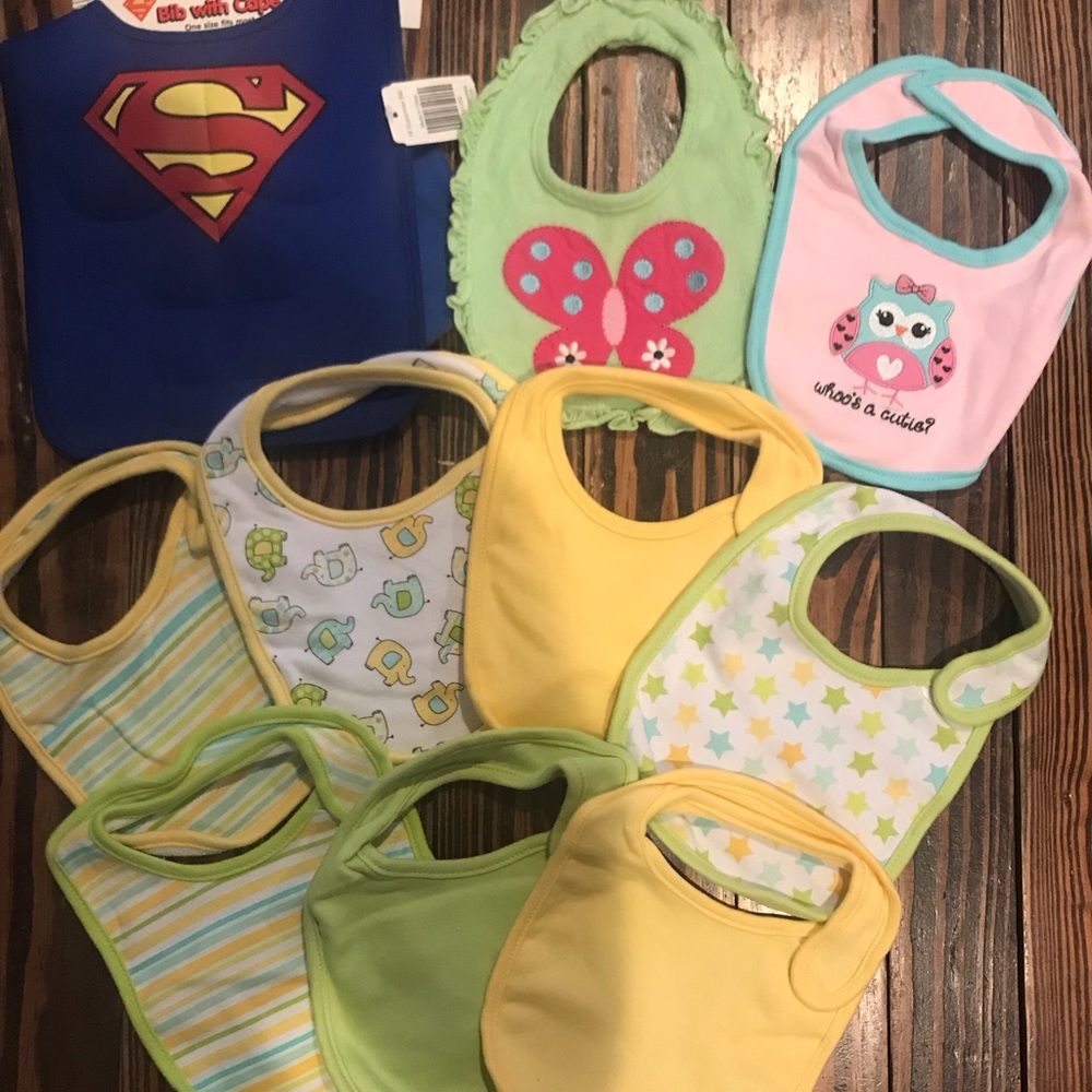 Set of 10 bibs- including Superman Bib w/ Cape